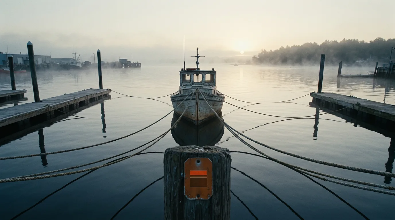 A small wooden fishing boat moored by several ropes to different piers across a calm harbor at dawn.