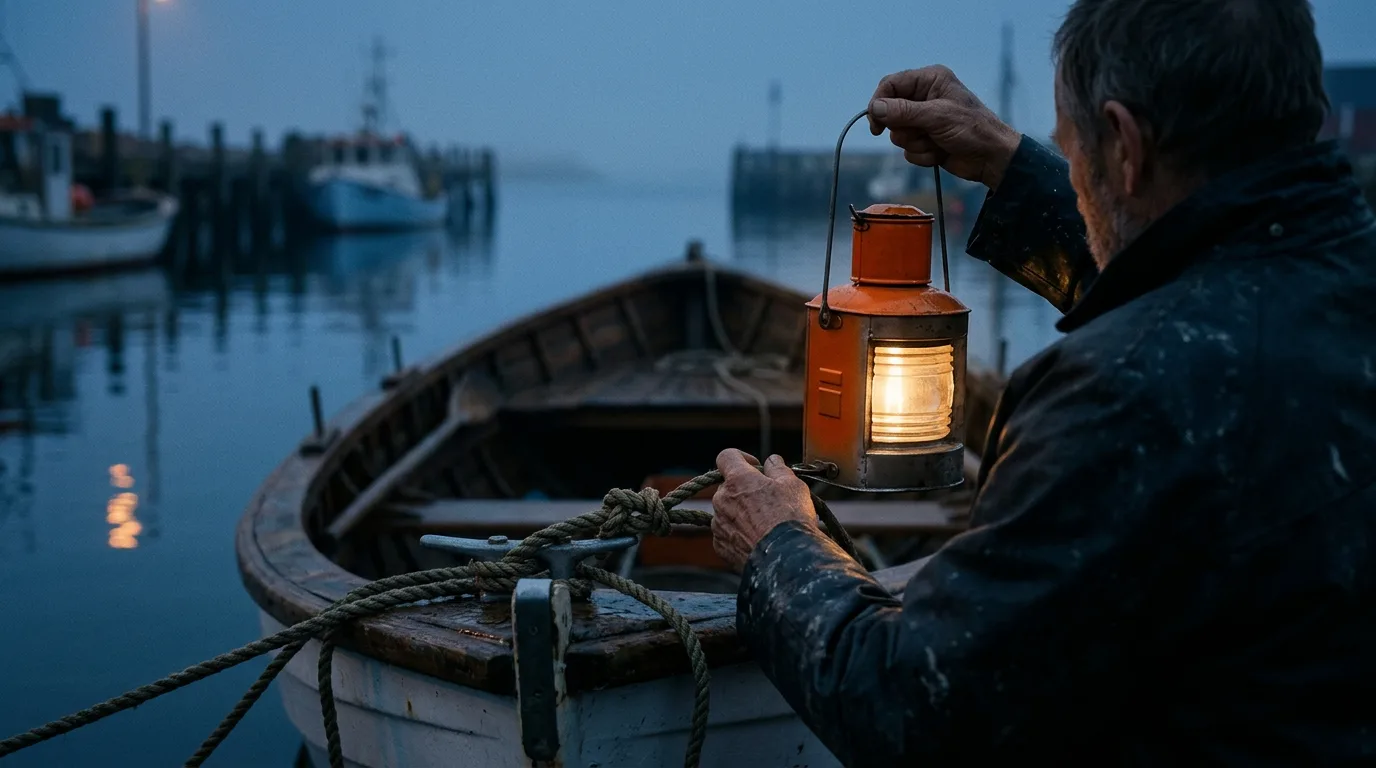 A fisherman seen from behind at dusk, holding a lantern to check the ropes tying his own boat to the dock, the way you'd check your own backlinks first.