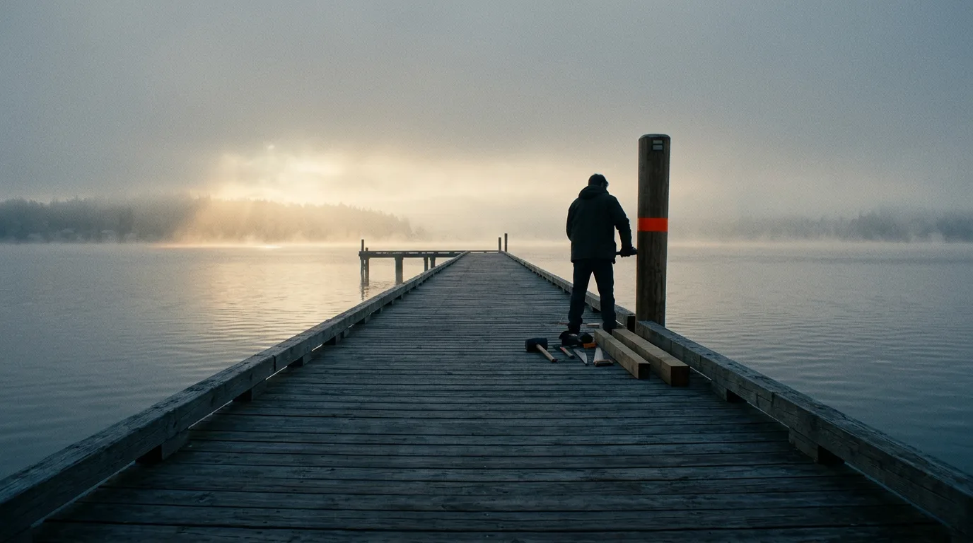 A carpenter, seen from behind, driving a new mooring post into a long wooden pier at low tide in the morning fog.