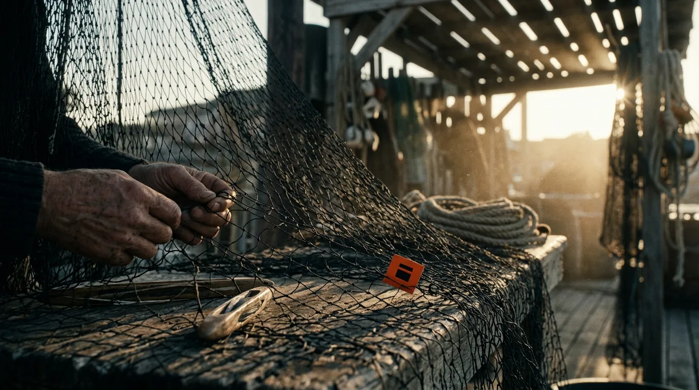 A net-mender's hands testing the strength of individual knots in a large fishing net at a dockside workbench.