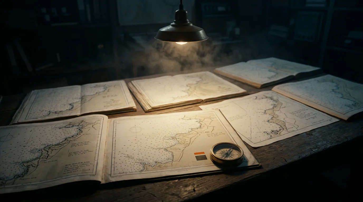 Several weathered harbor charts spread on a table under one lamp, each showing a different survey of the same coastline.