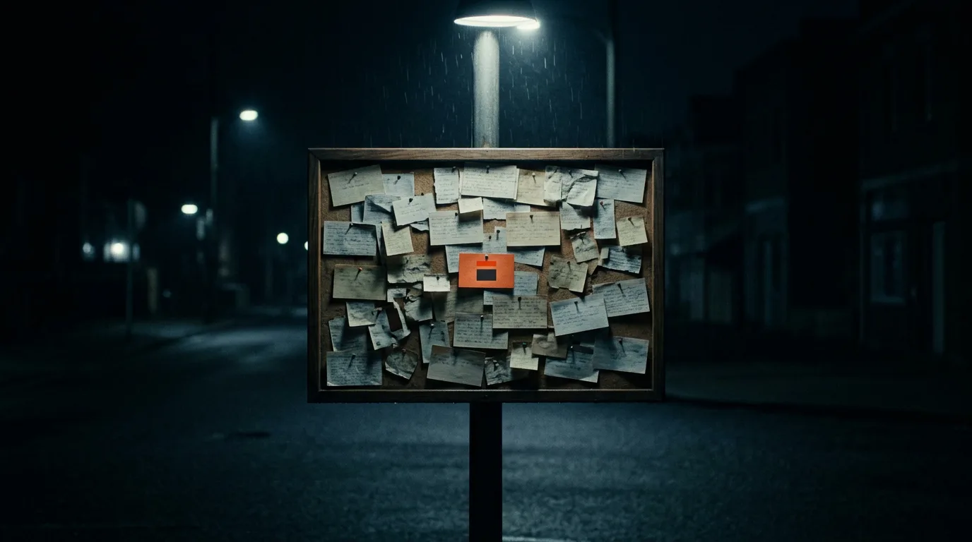 A weathered corkboard covered in pinned index cards, lit by a single streetlamp at night.