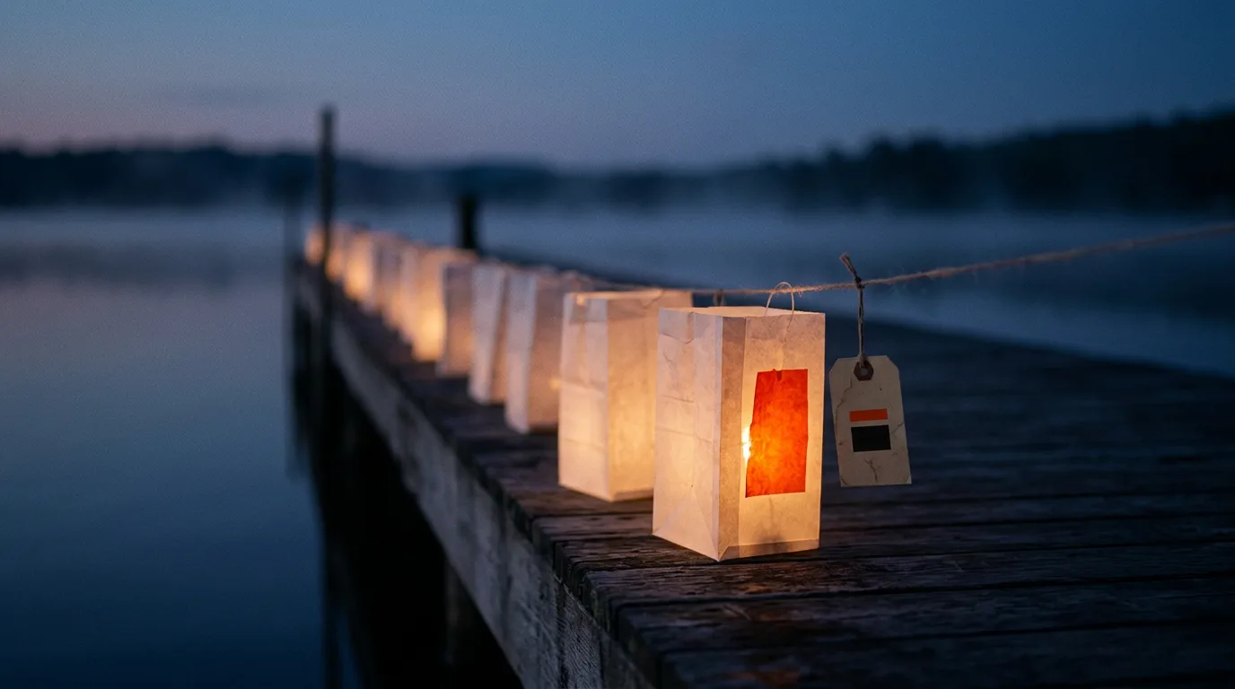 A row of small paper lanterns strung along a wooden pier at dusk, lit one by one over still water, standing for how to find beta testers one relationship at a time.