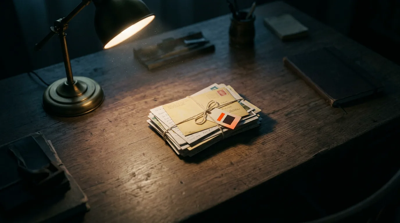 A bundle of handwritten letters and postcards tied with string on a wooden desk, lit by a single desk lamp, the kind of list to work through first when you want to find beta testers who already know you.