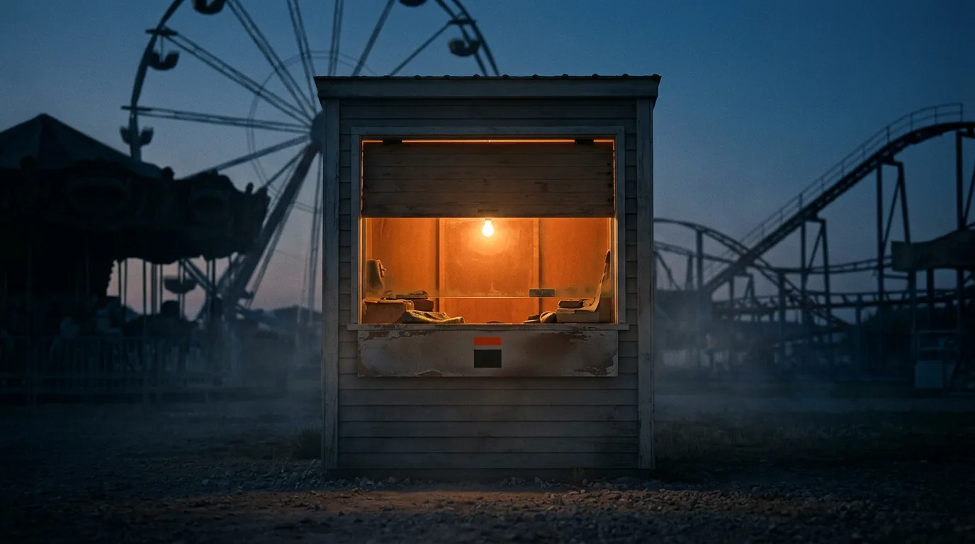 A single lit ticket booth window at an empty fairground at dusk.