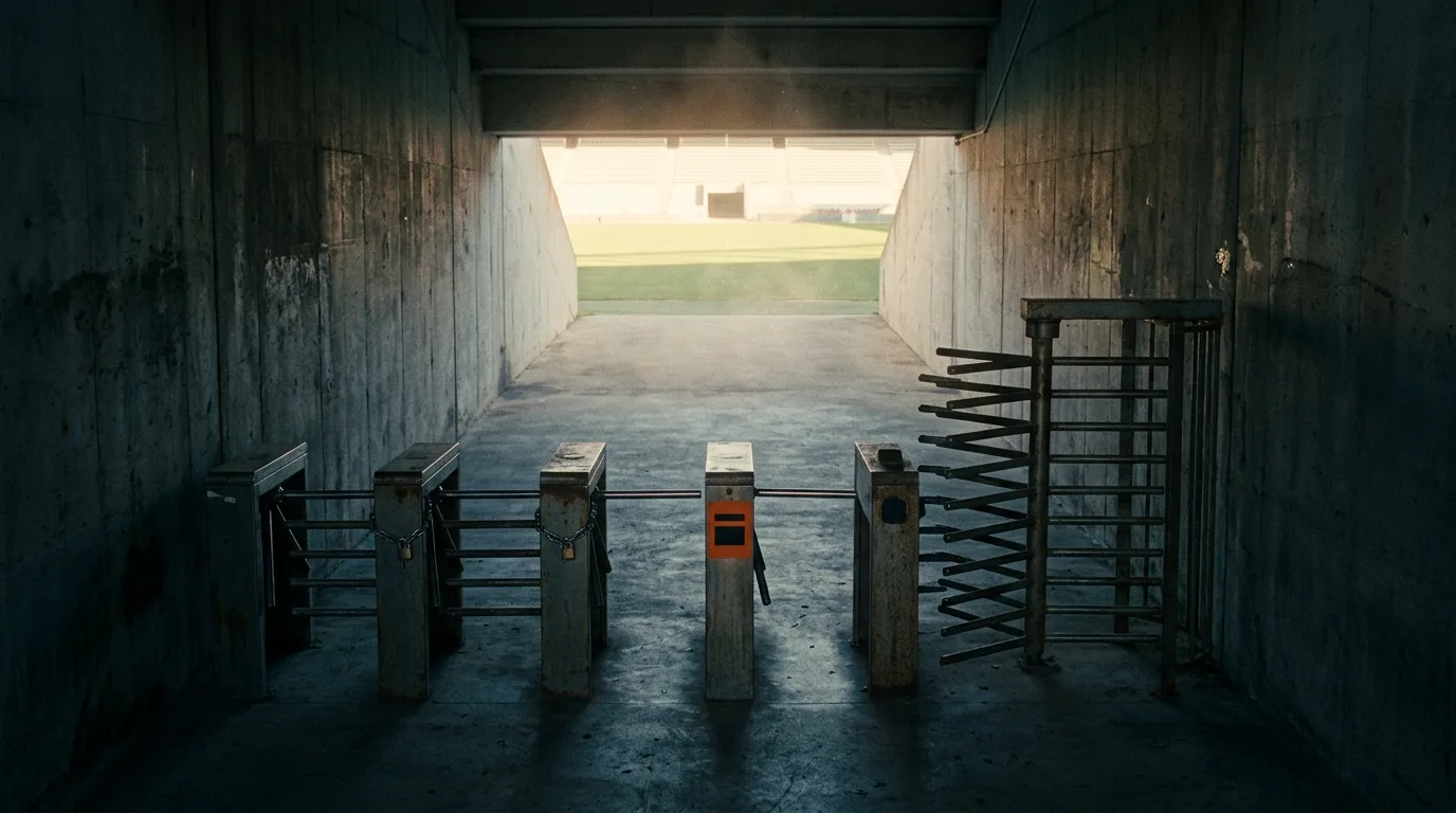 A metal turnstile gate at the mouth of an empty stadium tunnel, one lane open and the rest chained.