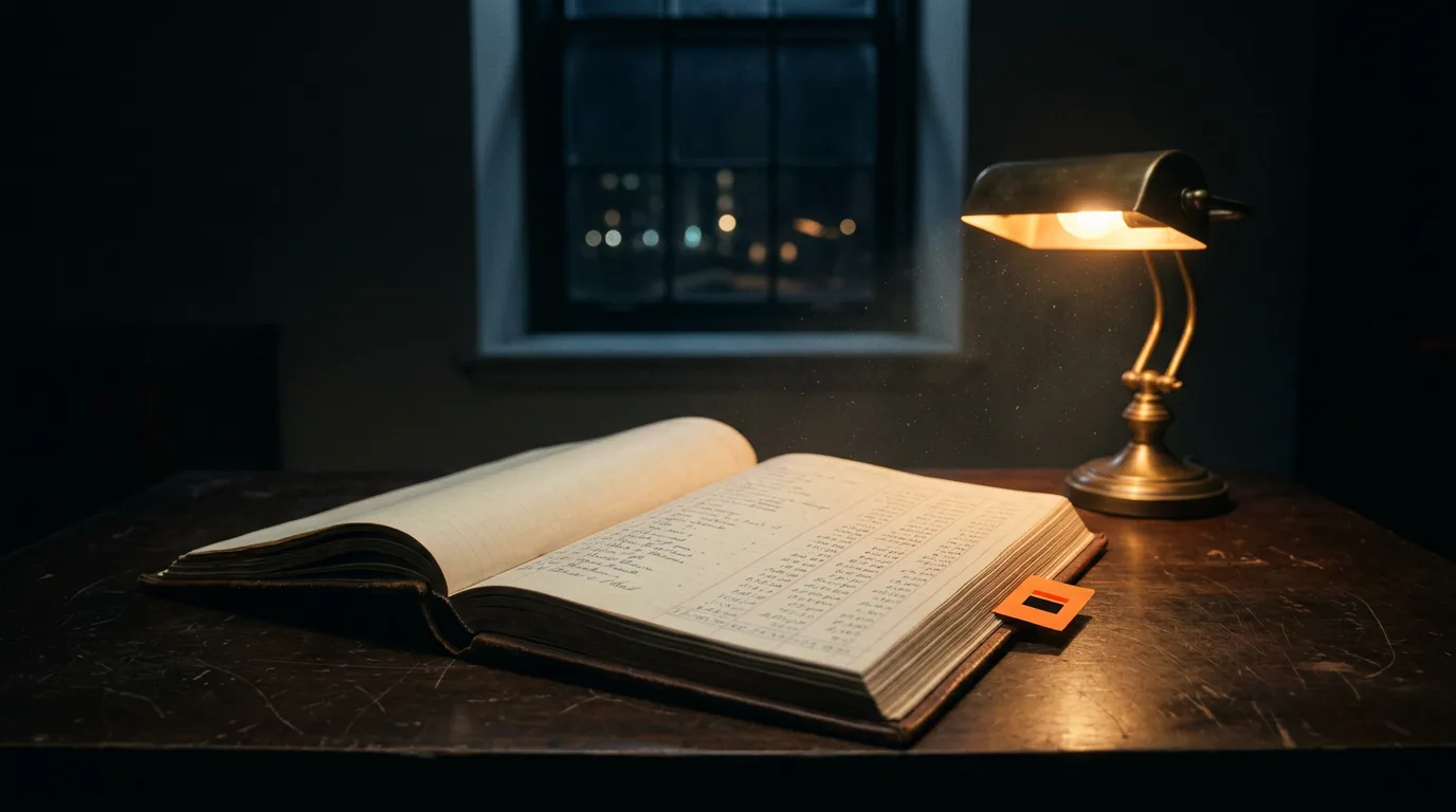An open ledger book beside a lit desk lamp in a dark study at night.