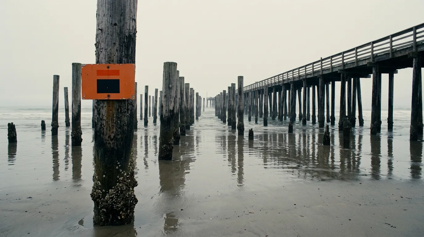 A wooden pier at low tide with its pilings exposed above the waterline.
