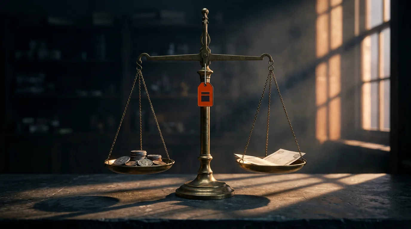 A brass balance scale weighing a stack of coins against a folded banknote, standing for the return on ad spend formula's balance between revenue and cost.