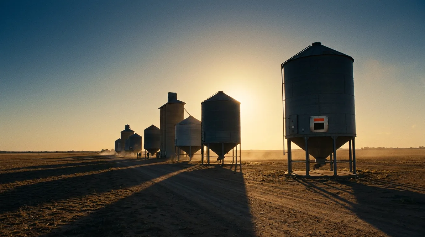 A row of grain silos of different heights against a golden evening sky.
