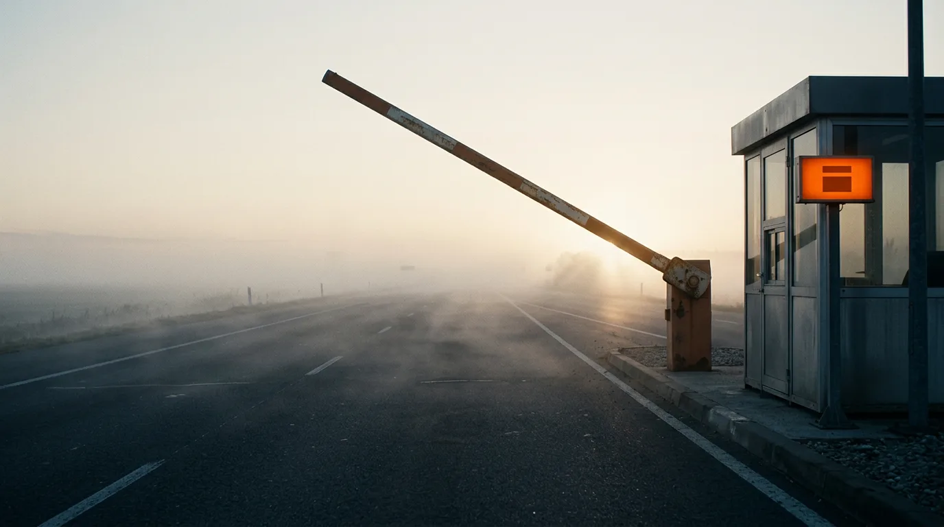 A single toll gate raised over an empty highway at dawn.