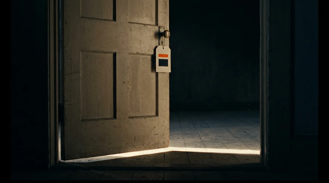 A wooden door left ajar at first light, a small hand lettered card hanging from its handle.