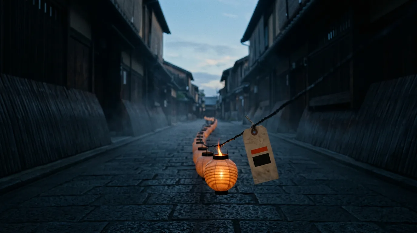 A string of paper lanterns along a dark street, one lit lantern passing its flame to the next.
