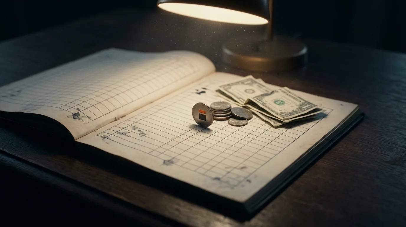 A few coins and folded bills on an open ledger under a desk lamp, one coin standing on its edge.