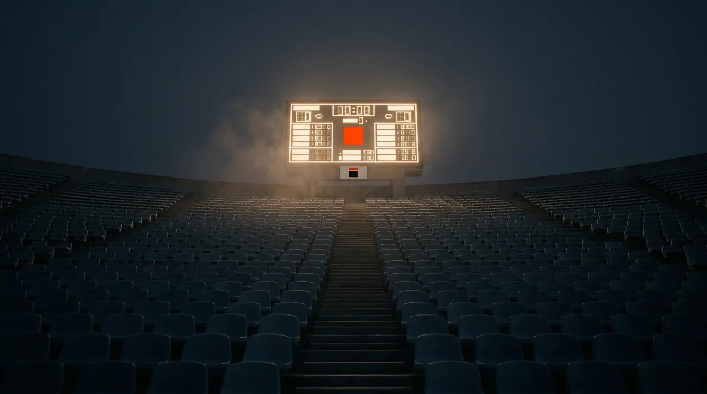 An empty stadium grandstand at dusk, a single lit scoreboard at the far end.