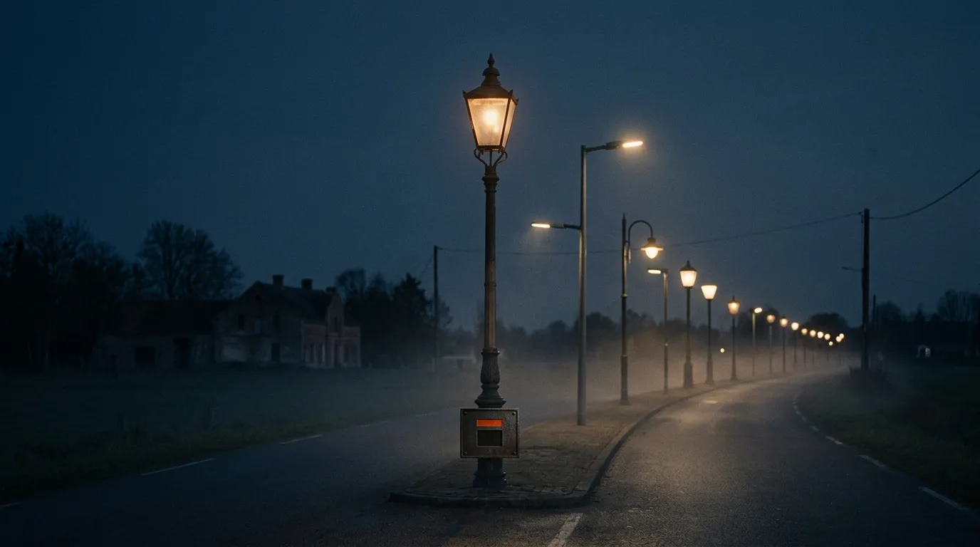 A row of street lamps of different heights and brightness lines a quiet road at dusk, the nearest post carrying a small dark plaque.