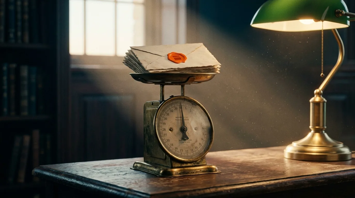 An antique brass postage scale weighs a stack of letters under a single desk lamp, a small dark mark set into the topmost wax seal.