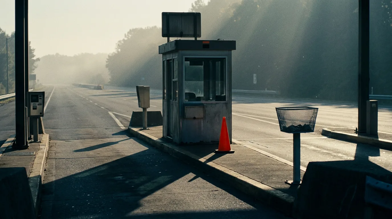 A small highway toll booth at dawn shows two empty lanes side by side, a dark sign mounted above the booth window.
