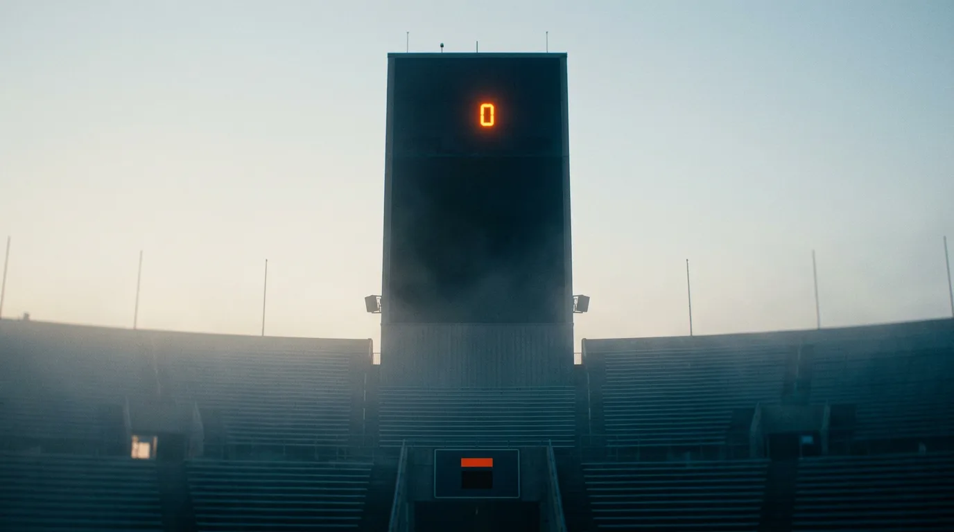A tall scoreboard tower rises above an empty stadium at first light, one number glowing near the top, a dark plaque set at its base.