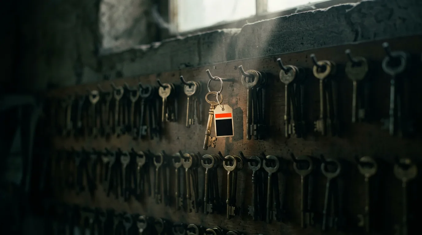 A wall of identical brass keys in shadow, with one key near the centre lit by a shaft of window light.