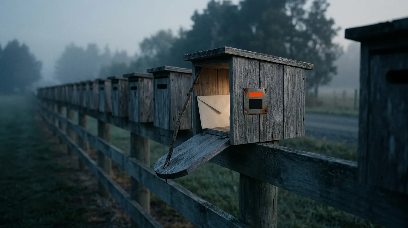 A row of shut postboxes at dawn, one propped open with an envelope inside: this is where link building for startups usually starts, not with a guest post.