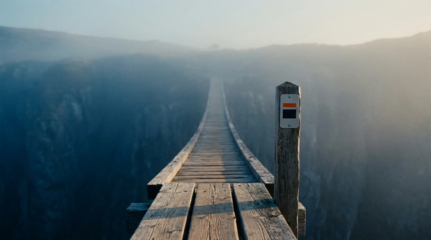 A wooden footbridge crossing a foggy ravine at dawn, its far end disappearing into the mist, with a small trail marker fixed to the near post.