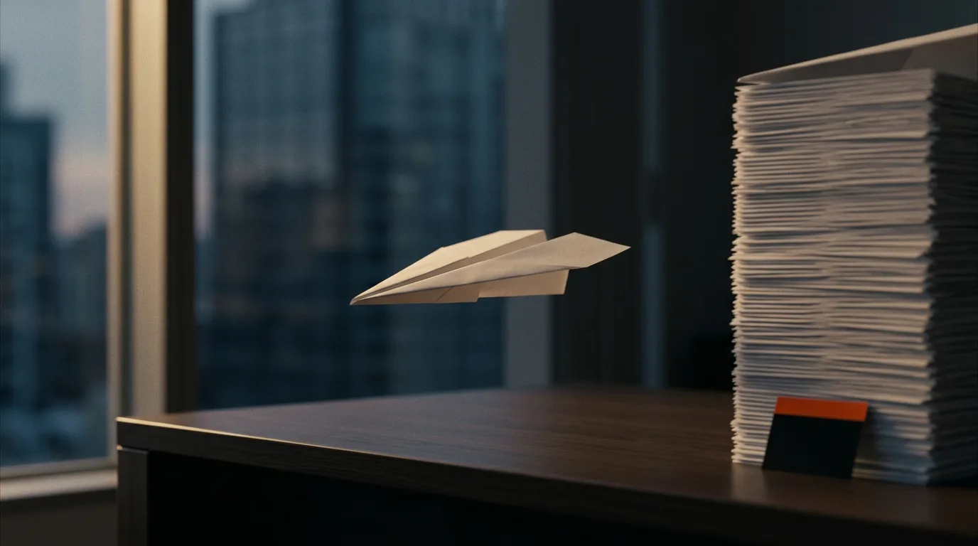 A single paper airplane gliding above a desk at dusk while a tall stack of folded paper planes sits untouched at the desk's edge.