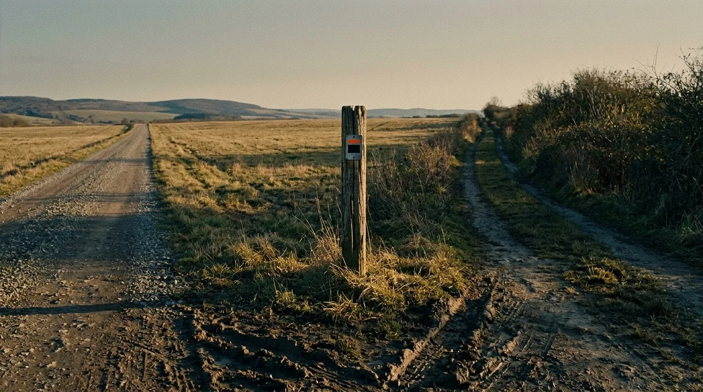 A rutted farm road forking in an open field, one path continuing as a kept gravel track and the other vanishing into an overgrown thicket.
