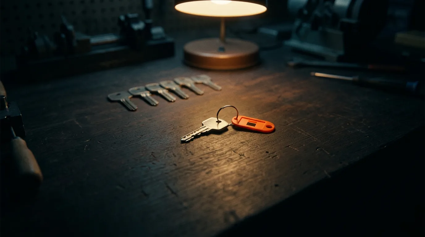 A locksmith's workbench at night with a row of blank keys and one freshly cut key under a desk lamp.