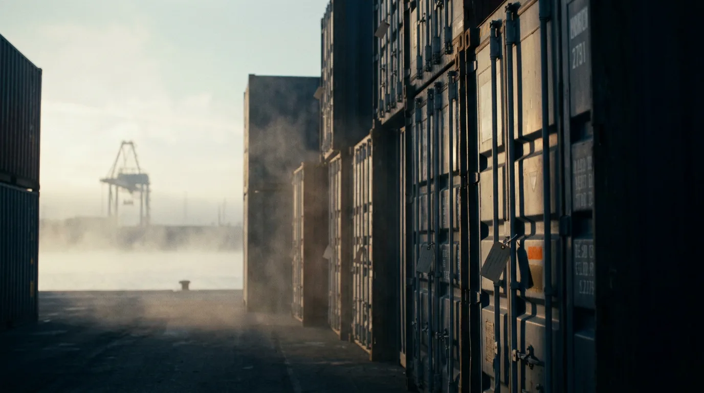 Shipping containers on a quiet dock at dawn, each one carrying a small tag near its door.