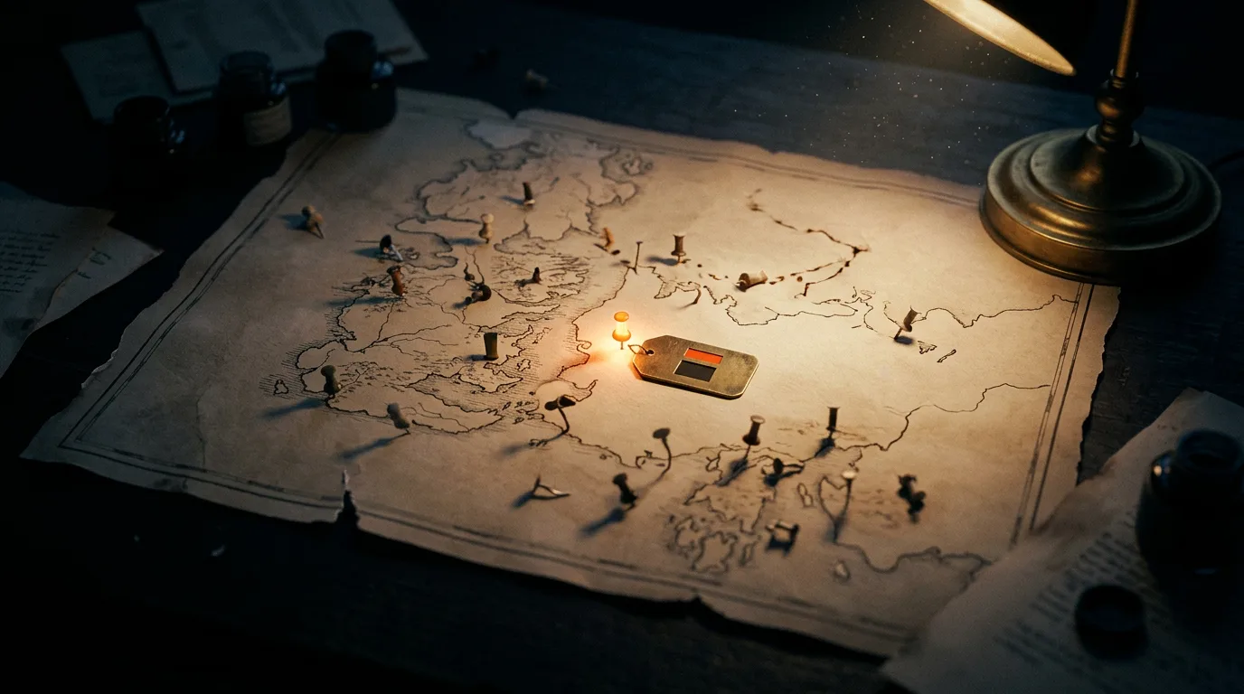 A cartographer's table at night holding a torn paper map scattered with mismatched pins.