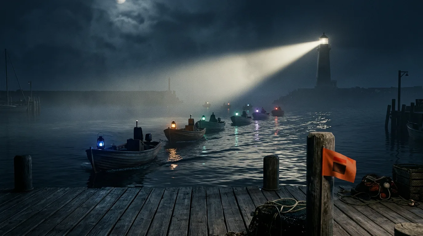 A night fishing harbor where boats return to dock under a lighthouse beam, each lantern a different color.