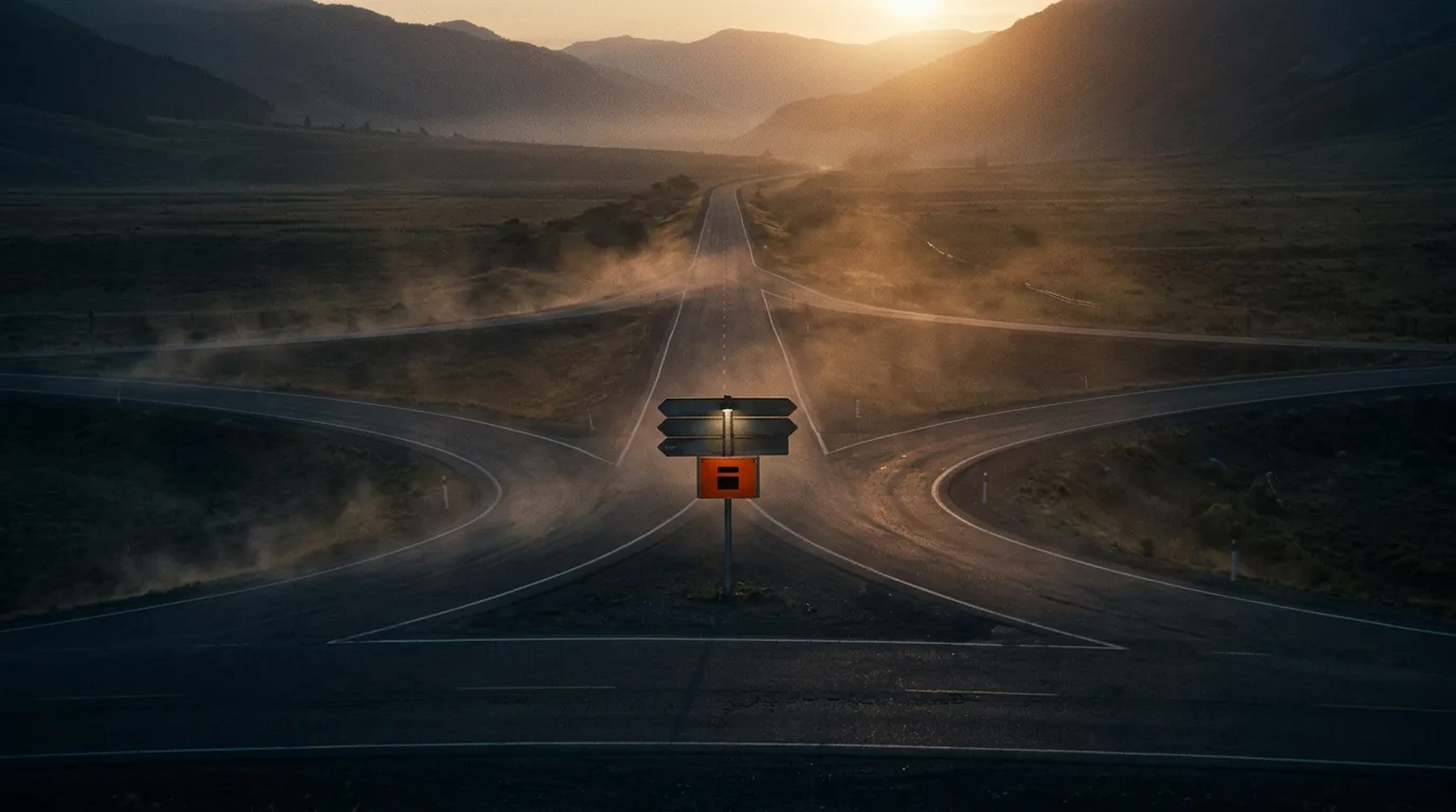 A highway interchange at dusk where several ramps merge into one road, standing for how a UTM code marks which route a visitor actually took.