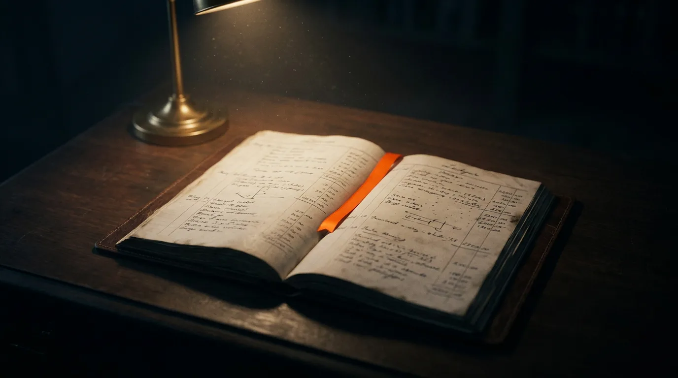 A leather-bound ledger open under a single desk lamp at night, its pages catching a warm pool of light while the room falls into shadow.