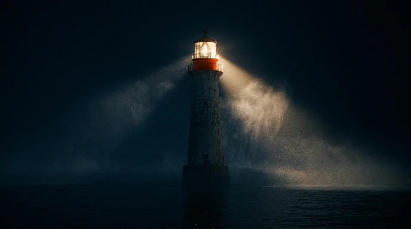 A single lighthouse tower sweeping a beam of light low across dark, still water at night.