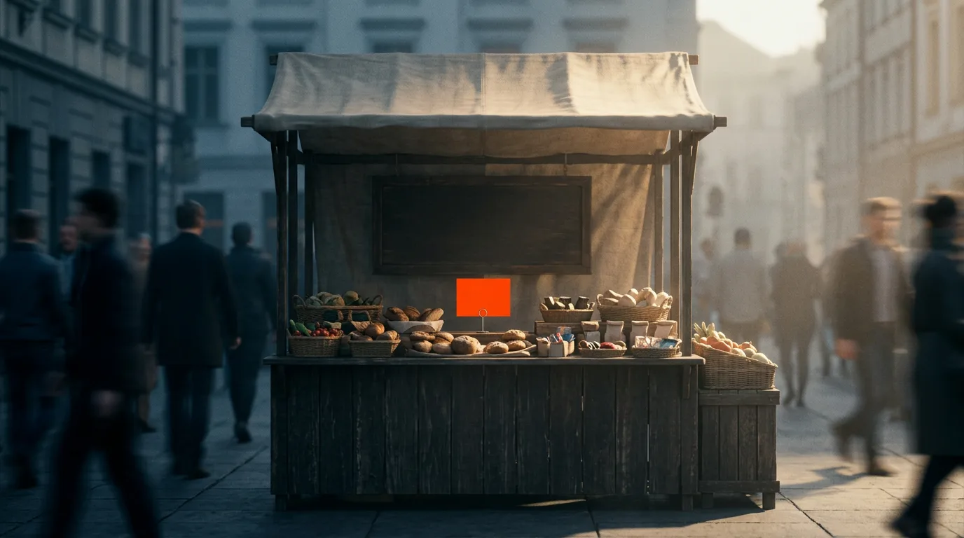 A single market stall lit by low morning sun, a blurred stream of foot traffic passing on the street in front without stopping.