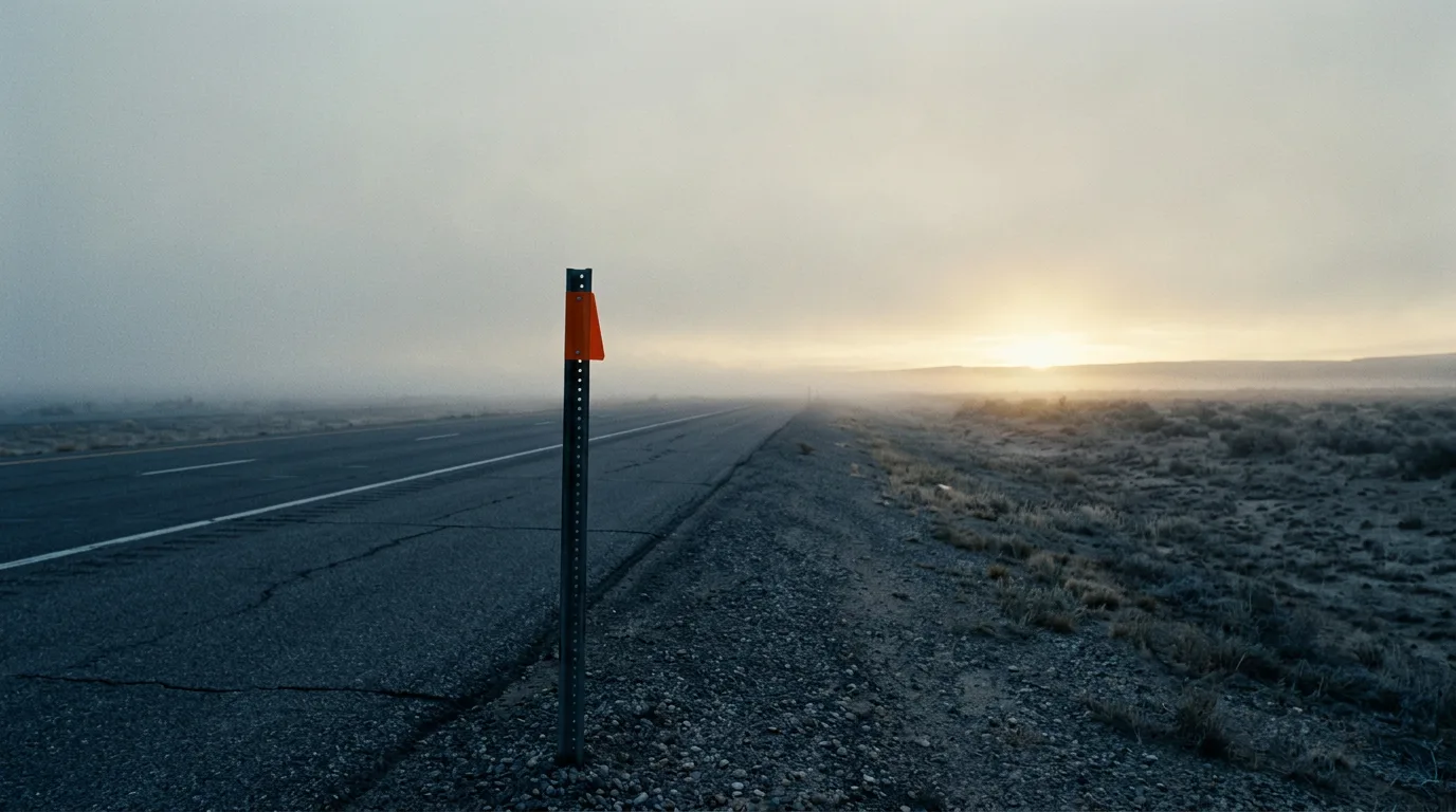 An empty stretch of road at dawn with a single reflective mile marker at the edge of the shoulder, mist rising off the asphalt.
