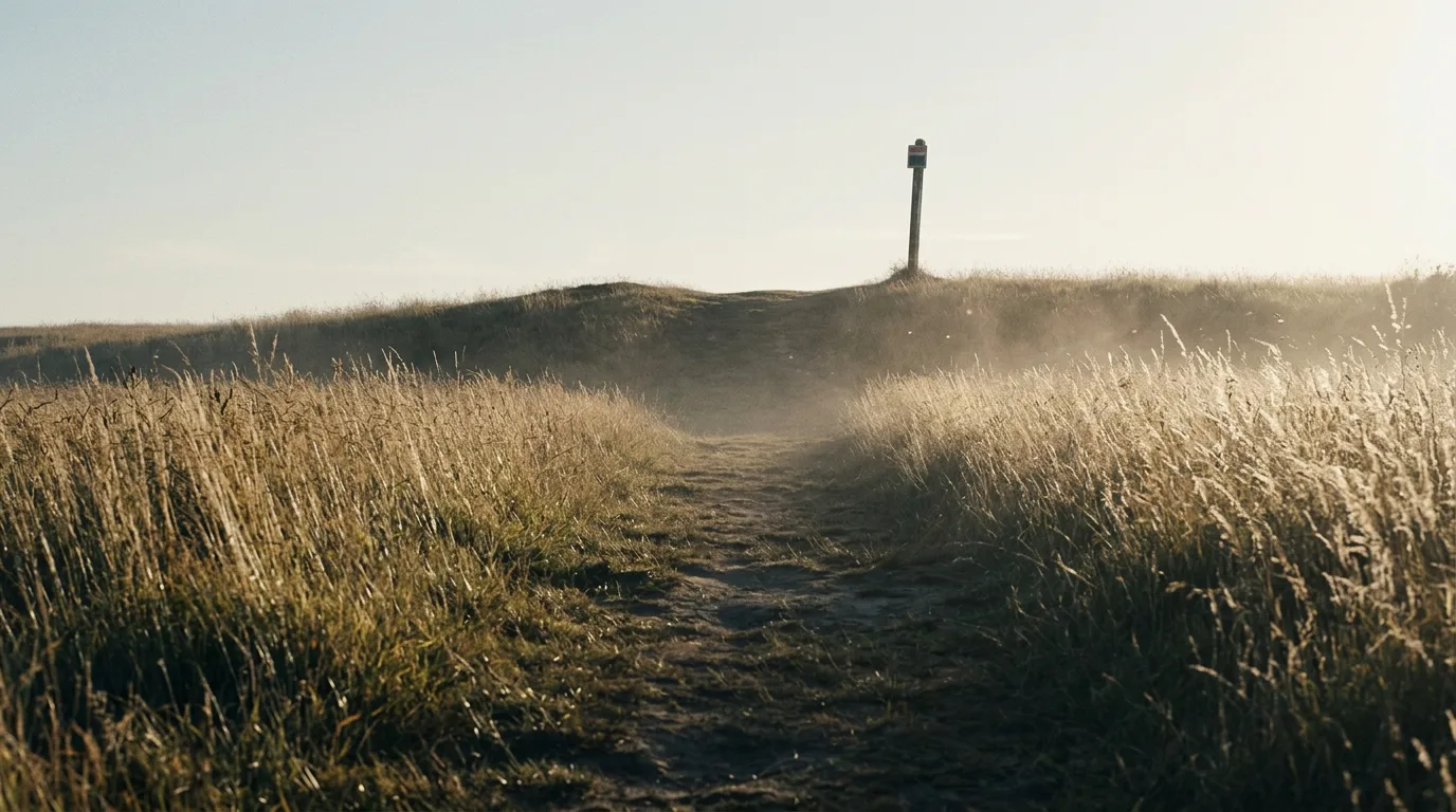 A worn dirt path cut through golden grass leads to a distant signpost at dawn, a quiet picture for what is organic traffic: a route nobody paid to build.