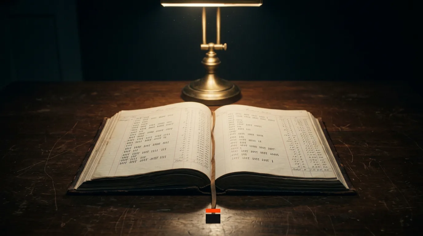 An open ledger of handwritten tallies sits under a lamp at night, a leather bookmark hanging from its spine.
