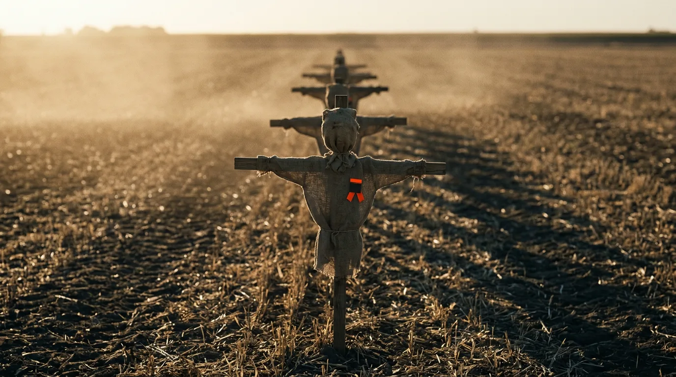 A row of identical scarecrows stands evenly spaced across a harvested field at dusk, their shadows all falling the same way.
