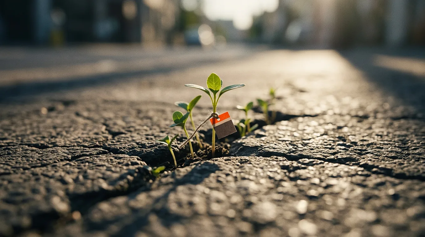 Small seedlings break through a crack in old pavement toward the morning light, a paper tag tied to one stem.