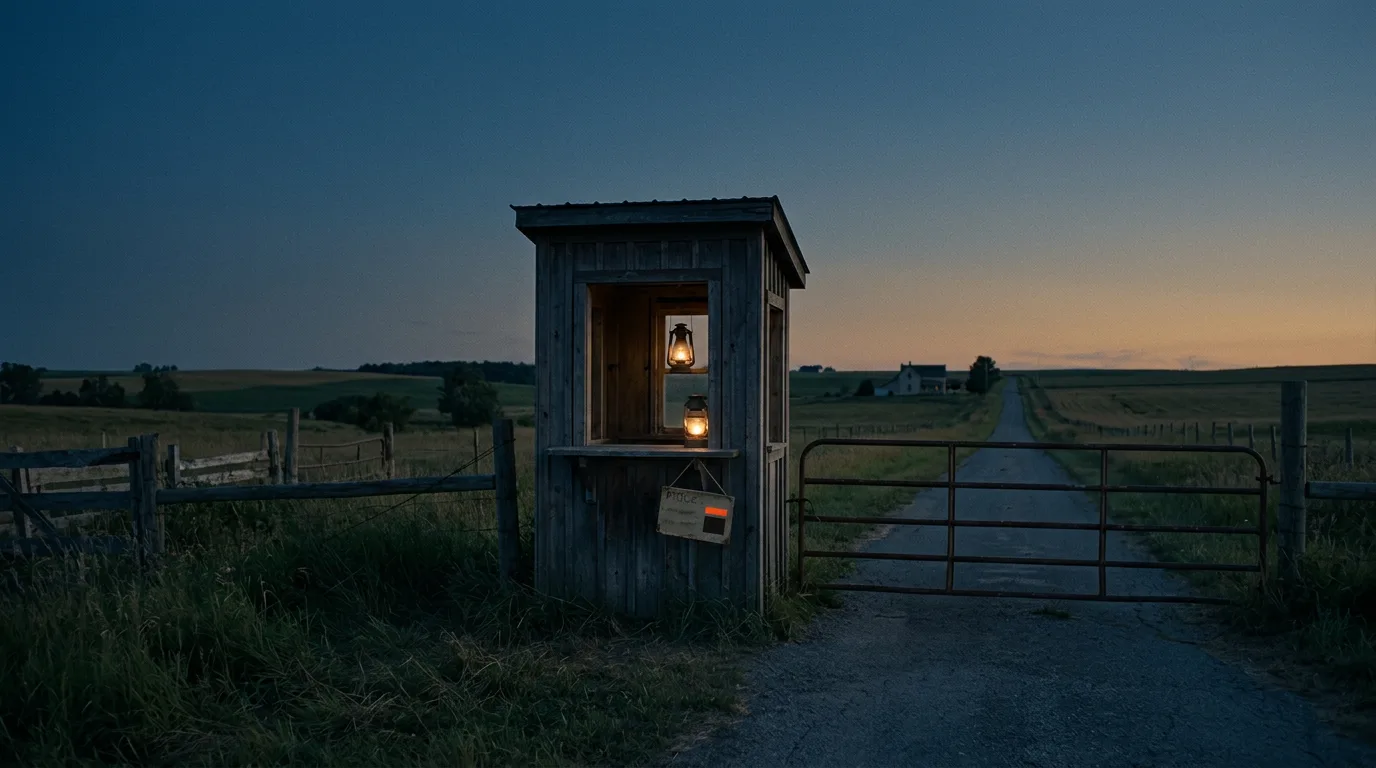 A wooden tollbooth with a lit lantern stands beside a wide open farm gate on a quiet country road at dusk.