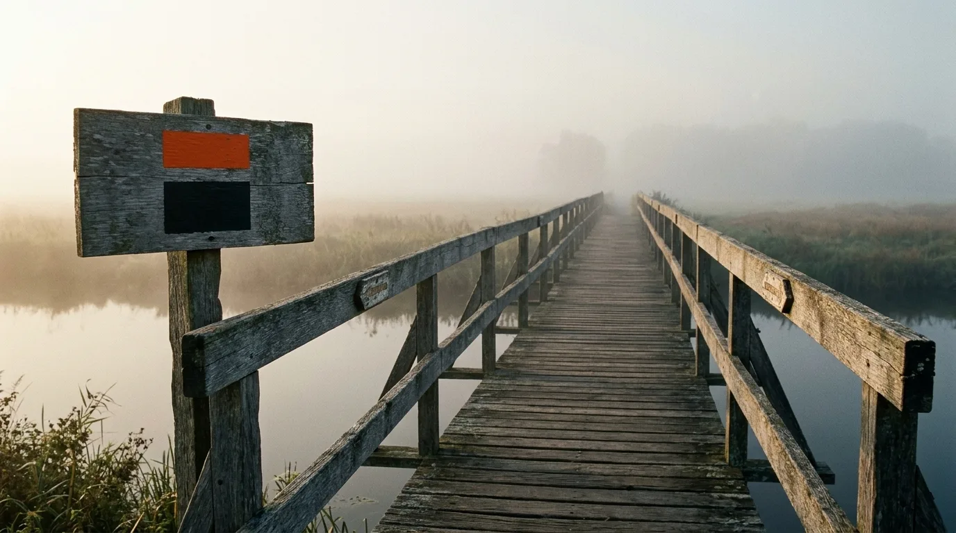 A wooden footbridge leads across a misty river toward a far bank that isn't visible yet, a small marker nailed to the rail near the front.
