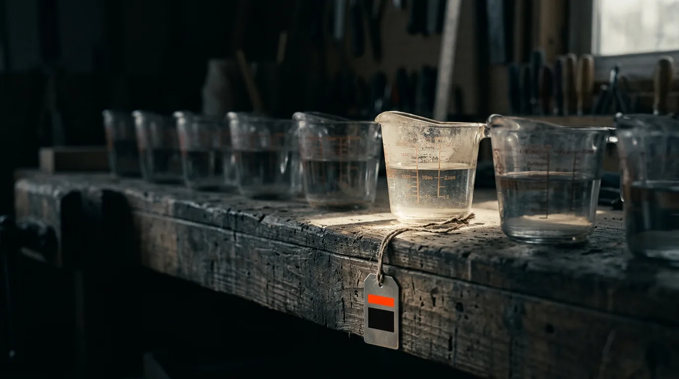A row of measuring cups holding different water levels sits on a dim workshop bench, lit by a single shaft of window light.