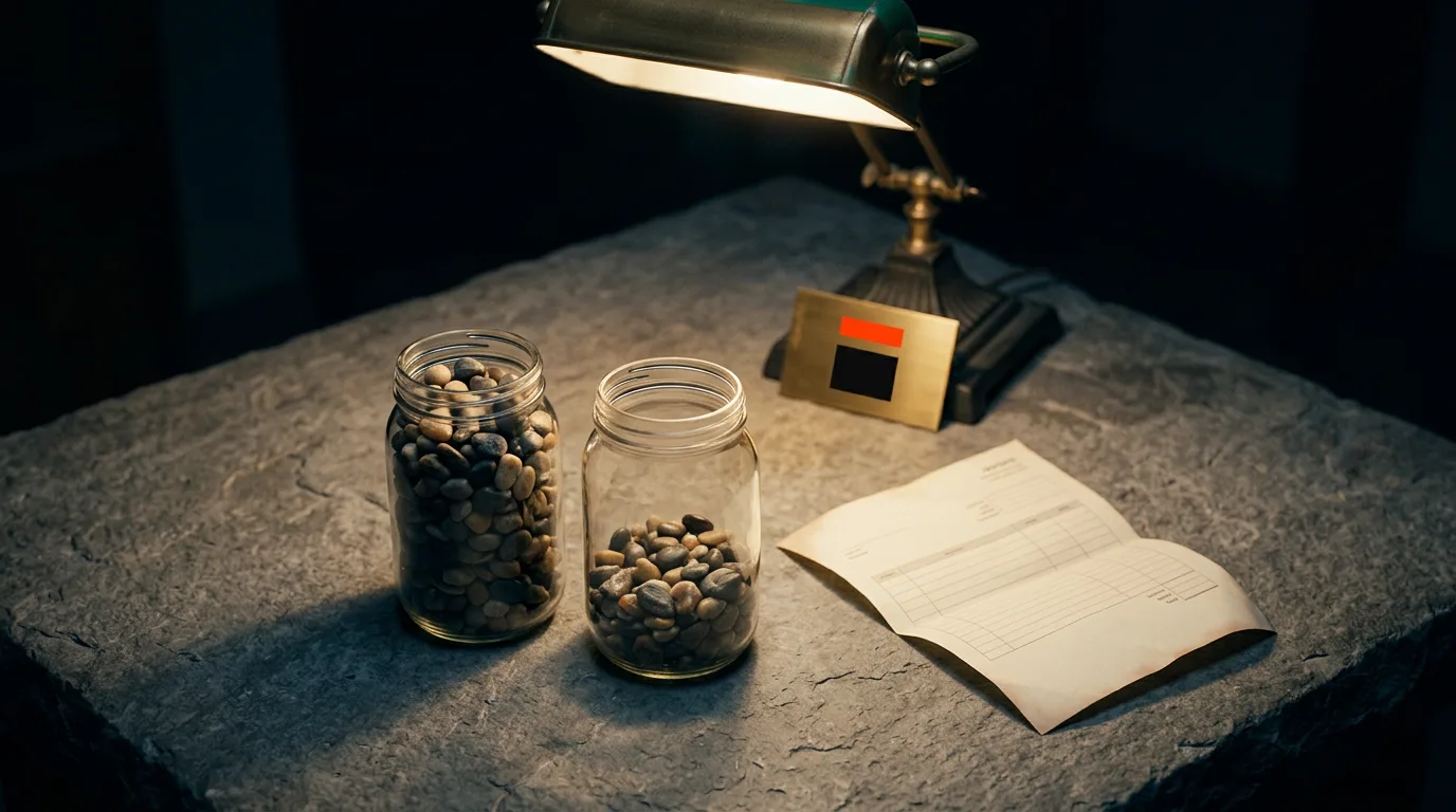 Two glass jars, one nearly full of pebbles and one a third full, sit on a stone table lit by a single desk lamp at night.