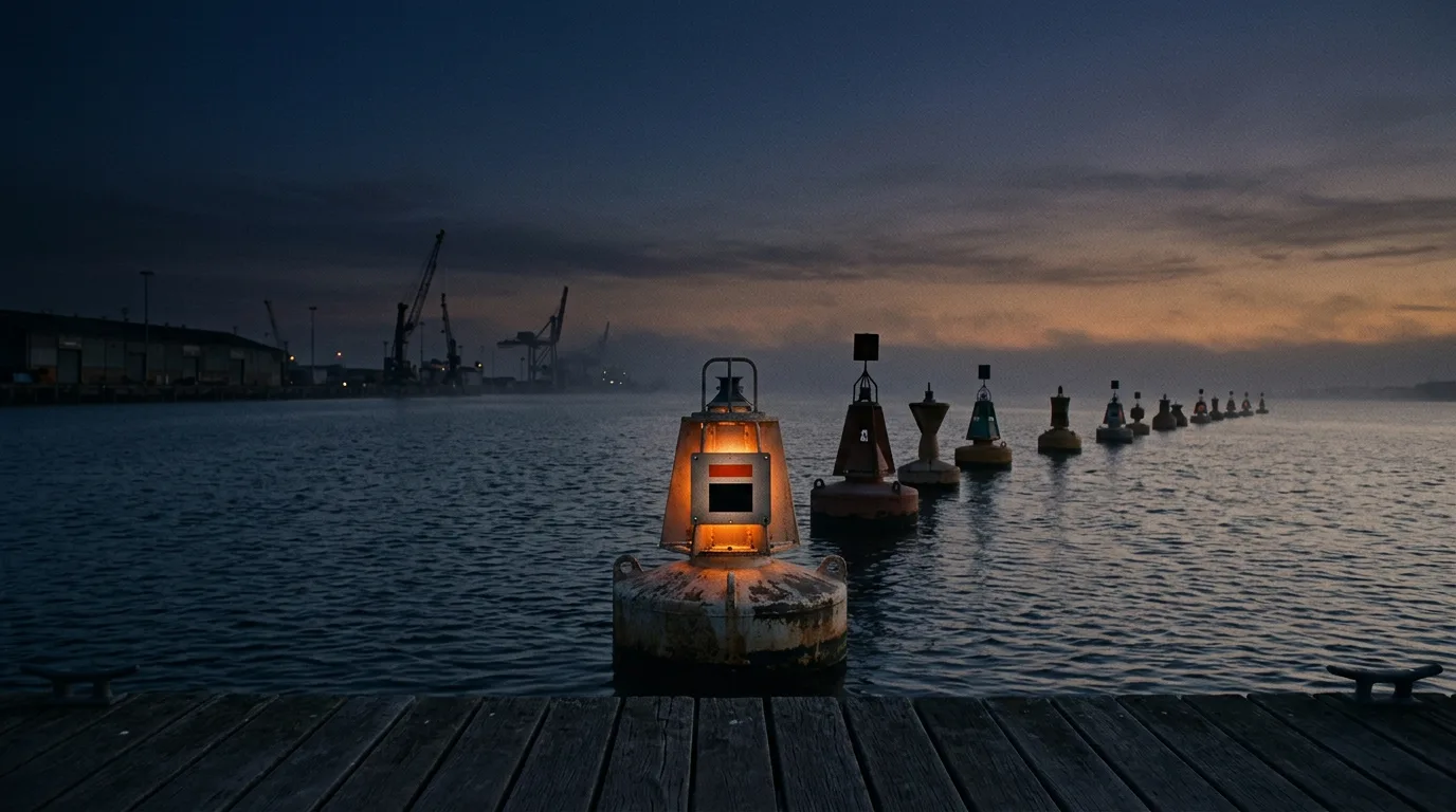 A row of channel marker buoys strung across a harbour entrance at dusk, one lit with a warm glow.