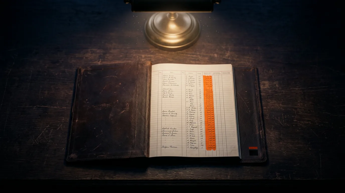 An open ledger book under a desk lamp at night, its columns of handwritten entries lit in warm light.
