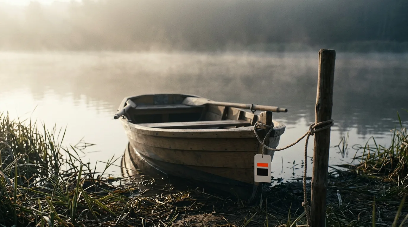 A wooden rowboat resting on a quiet riverbank at first light, tethered to a post by a rope.