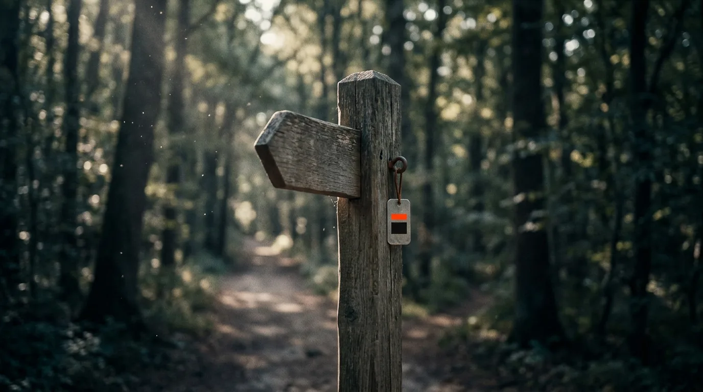 A weathered wooden trail signpost at a fork in a forest path, with a small tag hanging from it.