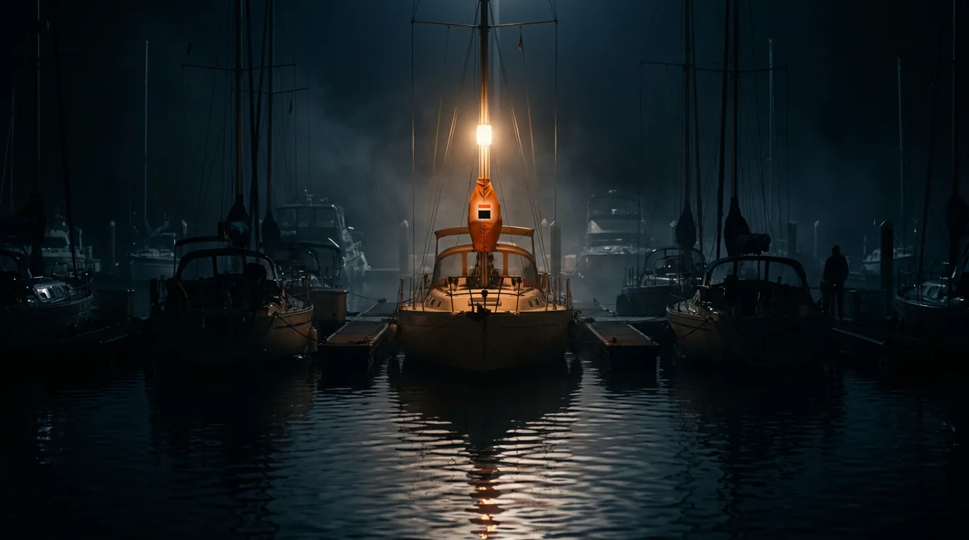 A quiet marina at night, rows of moored boats mostly unlit, one mast light burning bright at the centre while the rest sit dark at their berths.